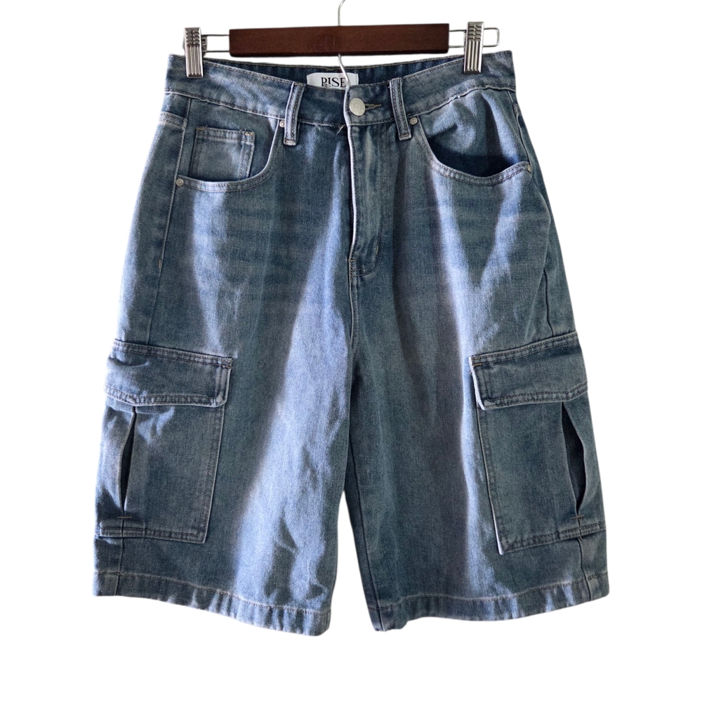 RISE Denim Cargo Shorts Women’s Sz 7 Light Blue Y2K Utility Carpenter Style